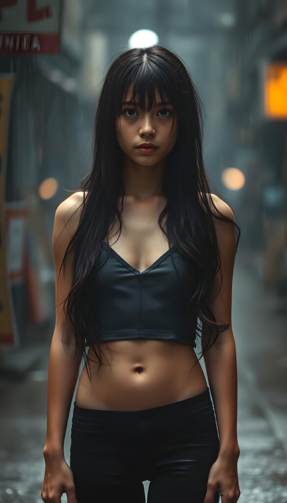 a young girl with cropped tank top, deep v-neck, leggins, long wavy straight black hair, ((accentuating her ((navel)), stand in heavy summer rain, wet hair