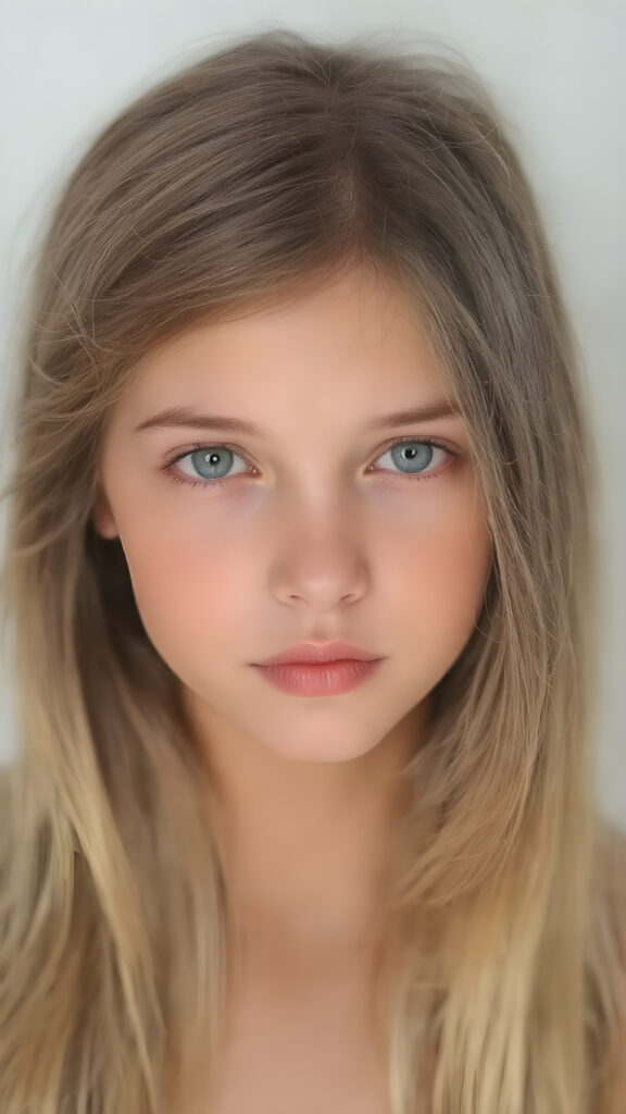 a young girl with smooth and straight brown and golden hair, her hair falls elegantly over her upper body, perfect makeup, red lips, black eyebrows, small perfect nose and realistic green eyes. She has a flawless beautiful round face, very detailed and realistic, her head is centered in the photo