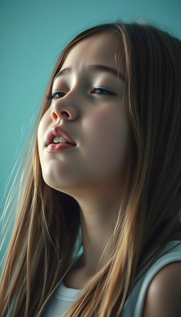 a young girl with long straight hair, in front, closed eyes, round face, full kissable lips, mouth wide open and looks up, white teeth, light blue backdrop, side view