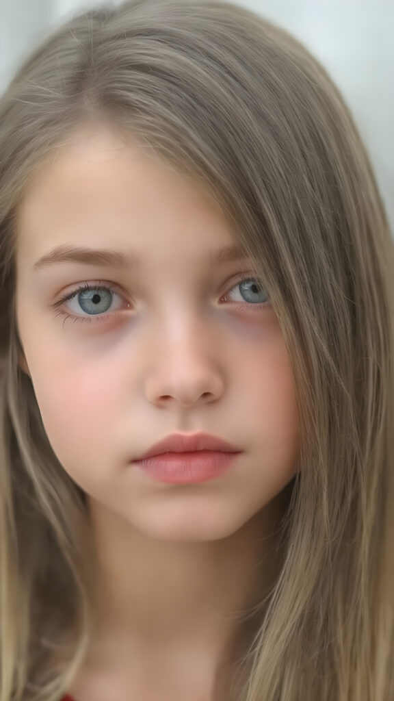 a young girl with smooth and straight brown and golden hair, her hair falls elegantly over her upper body, perfect makeup, red lips, black eyebrows, small perfect nose and realistic green eyes. She has a flawless beautiful round face, very detailed and realistic, her head is centered in the photo