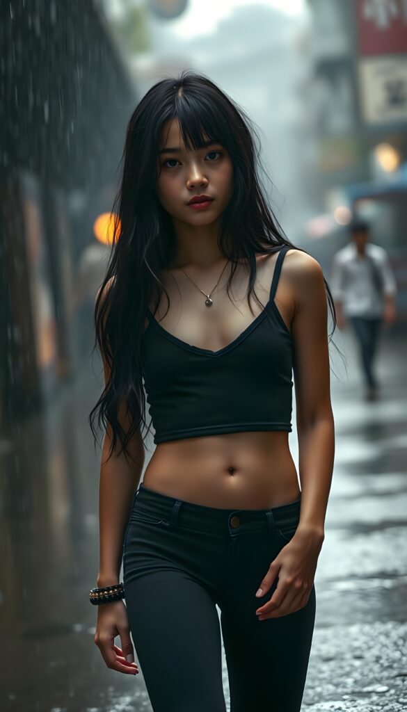 a young girl with cropped tank top, deep v-neck, leggins, long wavy straight black hair, ((accentuating her ((navel)), stand in heavy summer rain, wet hair