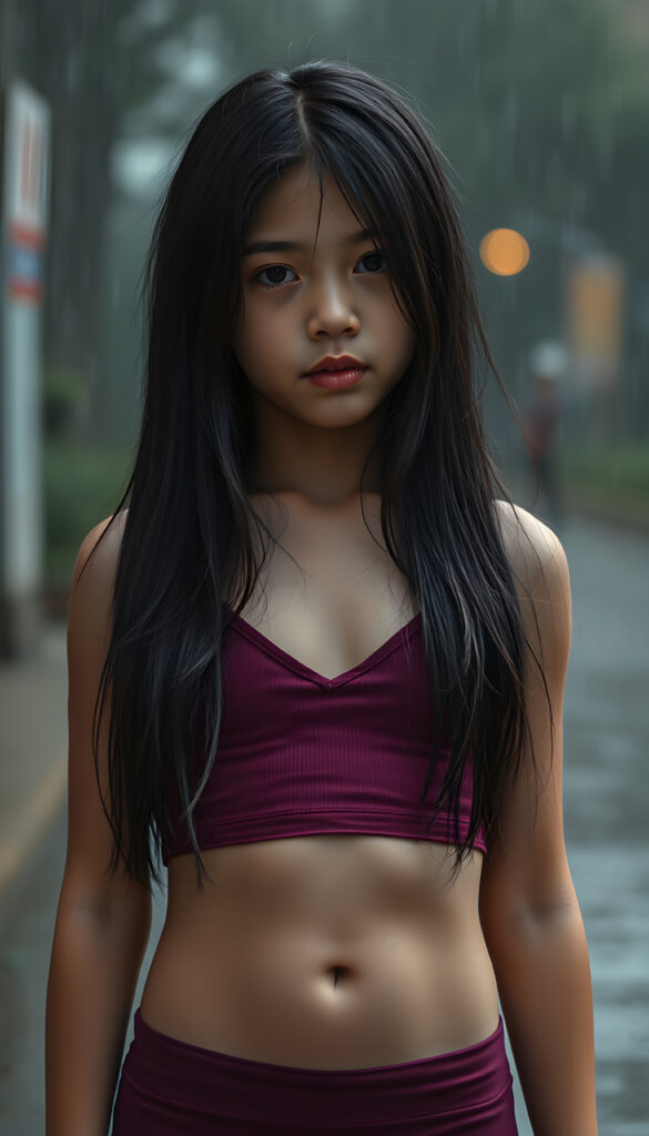 a young girl with cropped tank top, deep v-neck, leggins, long wavy straight black hair, ((accentuating her ((navel)), stand in heavy rain, wet hair