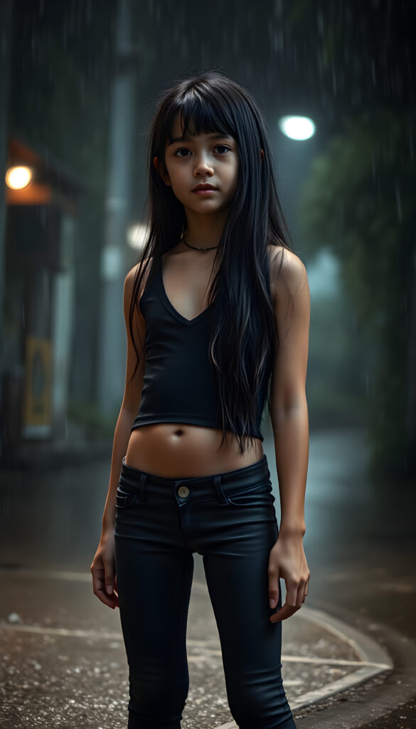 a young girl with cropped tank top, deep v-neck, leggins, long wavy straight black hair, ((accentuating her ((navel)), stand in heavy rain, wet hair