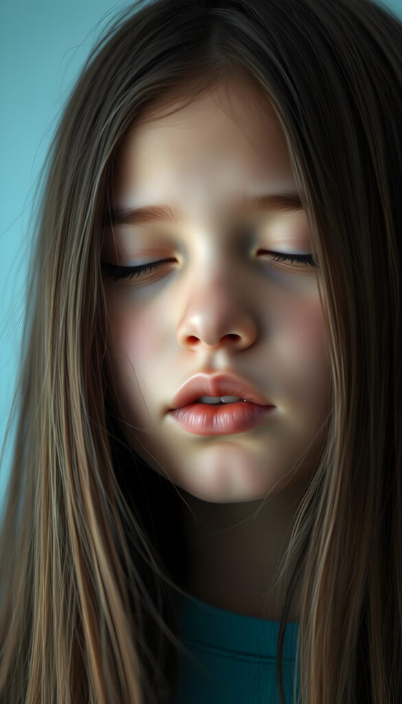 a young girl with long straight hair, in front, closed eyes, round face, full kissable lips, mouth wide open and looks up, white teeth, light blue backdrop, side view