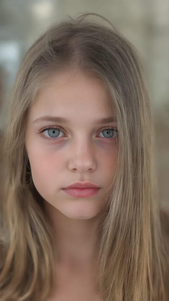 a young girl with smooth and straight brown and golden hair, her hair falls elegantly over her upper body, perfect makeup, red lips, black eyebrows, small perfect nose and realistic green eyes. She has a flawless beautiful round face, very detailed and realistic, her head is centered in the photo