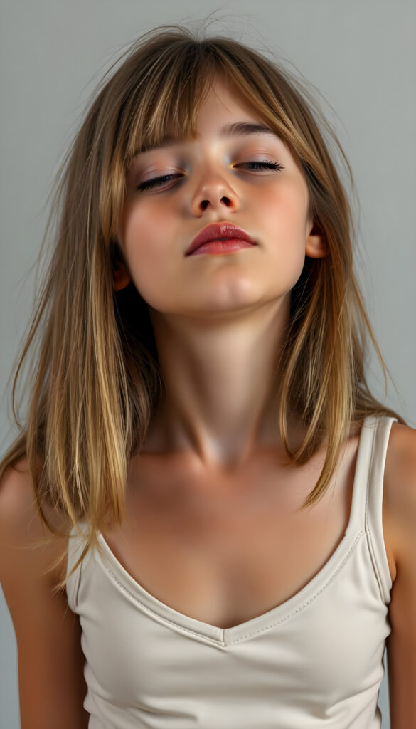 a young, innocent teen girl with long straight amber hair, closed eyes, round face, full kissable lips, mouth slightly open, white teeth, light grey backdrop, she expects a passionate kiss, head slightly up, she wears a cropped short tank top, deep v-neck