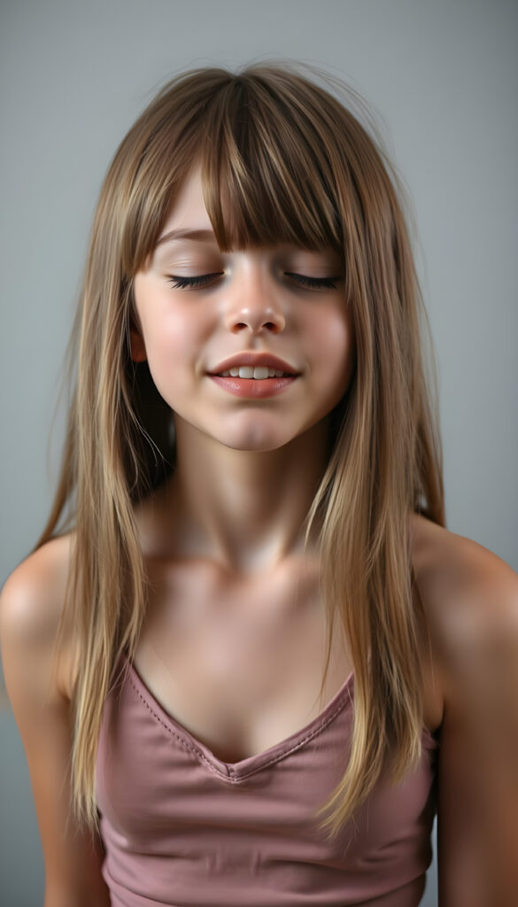 a young, innocent teen girl with long straight amber hair, closed eyes, round face, full kissable lips, mouth slightly open, white teeth, light grey backdrop, she expects a passionate kiss, head slightly up, she wears a cropped short tank top, deep v-neck