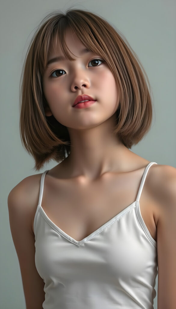 a young, innocent Japanese teen girl with shoulder long straight amber hair, bob cut, dark amber eyes, round face, full kissable lips, mouth slightly open, white teeth, light grey backdrop, she expects a passionate kiss, head slightly up, she wears a cropped short tank top, deep v-neck