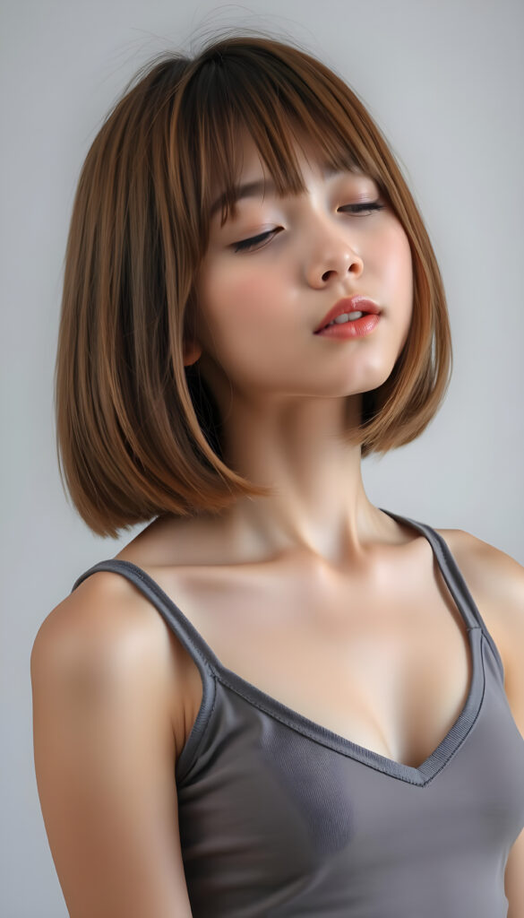 a young, innocent Japanese teen girl with shoulder long straight amber hair, bob cut, closed eyes, round face, full kissable lips, mouth slightly open, white teeth, light grey backdrop, she expects a passionate kiss, head slightly up, she wears a cropped short tank top, deep v-neck