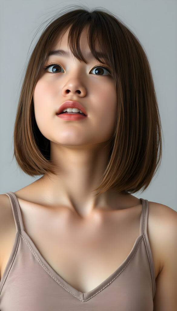 a young, innocent Japanese teen girl with shoulder long straight amber hair, bob cut, dark amber eyes, round face, full kissable lips, mouth slightly open, white teeth, light grey backdrop, she expects a passionate kiss, head slightly up, she wears a cropped short tank top, deep v-neck