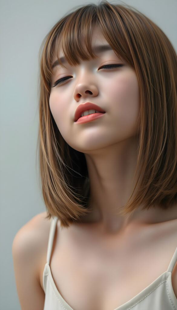 a young, innocent Japanese teen girl with shoulder long straight amber hair, bob cut, closed eyes, round face, full kissable lips, mouth slightly open, white teeth, light grey backdrop, she expects a passionate kiss, head slightly up, she wears a cropped short tank top, deep v-neck