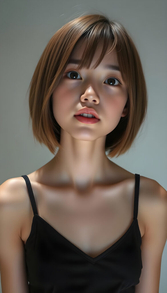 a young, innocent Japanese teen girl with shoulder long straight amber hair, bob cut, dark amber eyes, round face, full kissable lips, mouth slightly open, white teeth, light grey backdrop, she expects a passionate kiss, head slightly up, she wears a cropped short tank top, deep v-neck