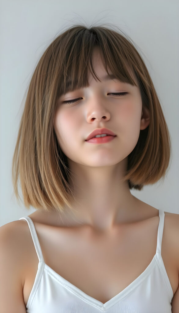 a young, innocent Japanese teen girl with shoulder long straight amber hair, bob cut, closed eyes, round face, full kissable lips, mouth slightly open, white teeth, light grey backdrop, she expects a passionate kiss, head slightly up, she wears a cropped short tank top, deep v-neck