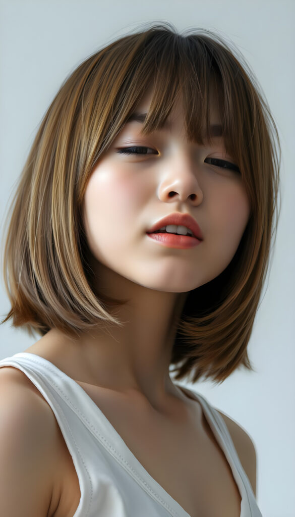 a young, innocent Japanese teen girl with shoulder long straight amber hair, bob cut, closed eyes, round face, full kissable lips, mouth slightly open, white teeth, light grey backdrop, she expects a passionate kiss, head slightly up, she wears a cropped short tank top, deep v-neck