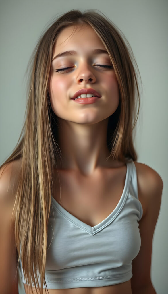 a young, innocent teen girl with long straight amber hair, closed eyes, round face, full kissable lips, mouth slightly open, white teeth, light grey backdrop, she expects a passionate kiss, head slightly up, she wears a cropped short tank top, deep v-neck