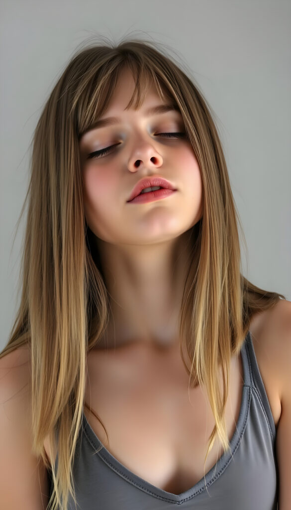 a young, innocent teen girl with long straight amber hair, closed eyes, round face, full kissable lips, mouth slightly open, white teeth, light grey backdrop, she expects a passionate kiss, head slightly up, she wears a cropped short tank top, deep v-neck