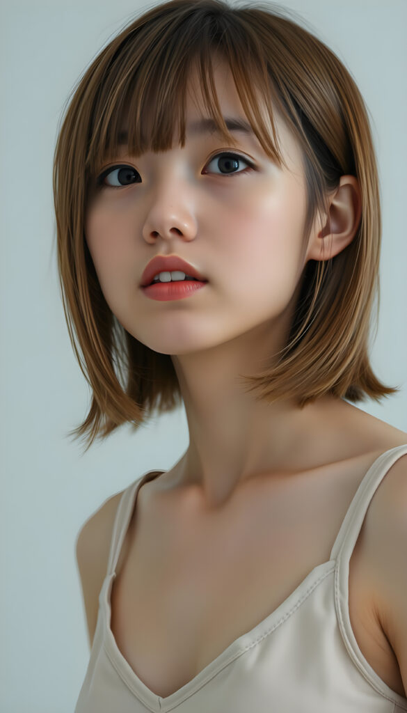a young, innocent Japanese teen girl with shoulder long straight amber hair, bob cut, dark amber eyes, round face, full kissable lips, mouth slightly open, white teeth, light grey backdrop, she expects a passionate kiss, head slightly up, she wears a cropped short tank top, deep v-neck