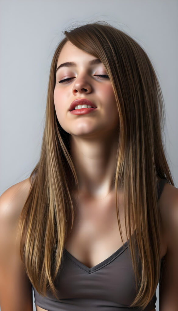 a young, innocent teen girl with long straight amber hair, closed eyes, round face, full kissable lips, mouth slightly open, white teeth, light grey backdrop, she expects a passionate kiss, head slightly up, she wears a cropped short tank top, deep v-neck