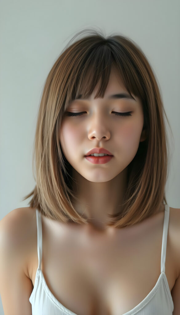 a young, innocent Japanese teen girl with shoulder long straight amber hair, bob cut, closed eyes, round face, full kissable lips, mouth slightly open, white teeth, light grey backdrop, she expects a passionate kiss, head slightly up, she wears a cropped short tank top, deep v-neck