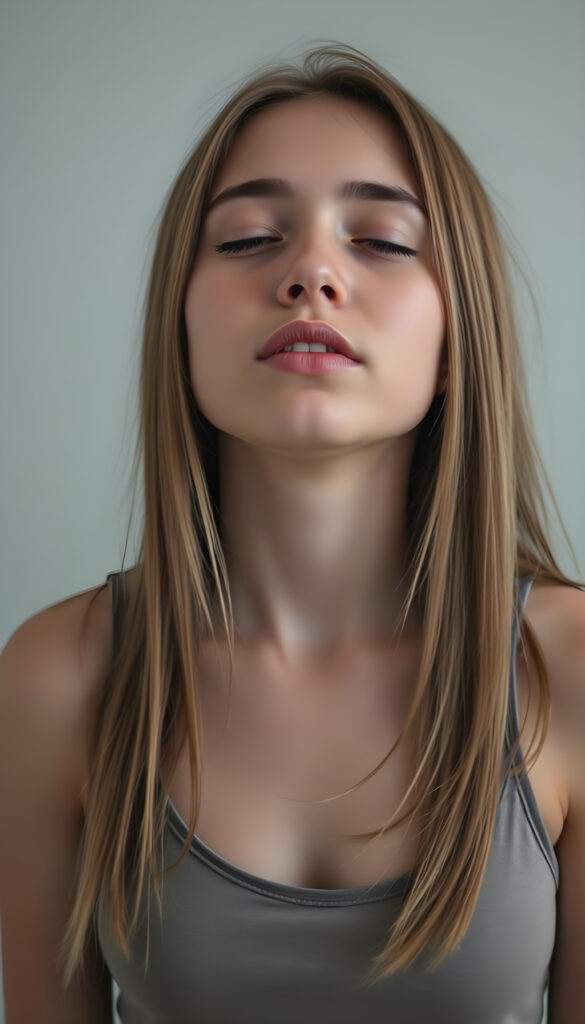 a young, innocent teen girl with long straight amber hair, closed eyes, round face, full kissable lips, mouth slightly open, white teeth, light grey backdrop, she expects a passionate kiss, head slightly up, she wears a cropped short tank top, deep v-neck