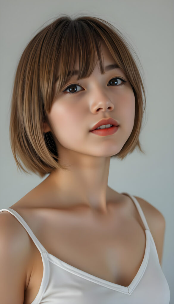a young, innocent Japanese teen girl with shoulder long straight amber hair, bob cut, dark amber eyes, round face, full kissable lips, mouth slightly open, white teeth, light grey backdrop, she expects a passionate kiss, head slightly up, she wears a cropped short tank top, deep v-neck
