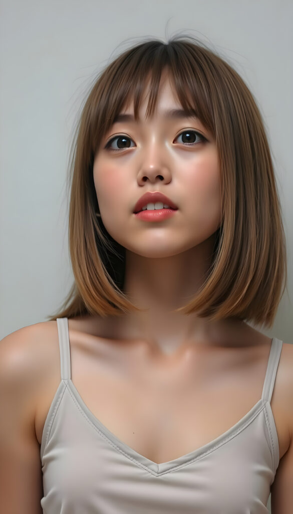 a young, innocent Japanese teen girl with shoulder long straight amber hair, bob cut, dark amber eyes, round face, full kissable lips, mouth slightly open, white teeth, light grey backdrop, she expects a passionate kiss, head slightly up, she wears a cropped short tank top, deep v-neck