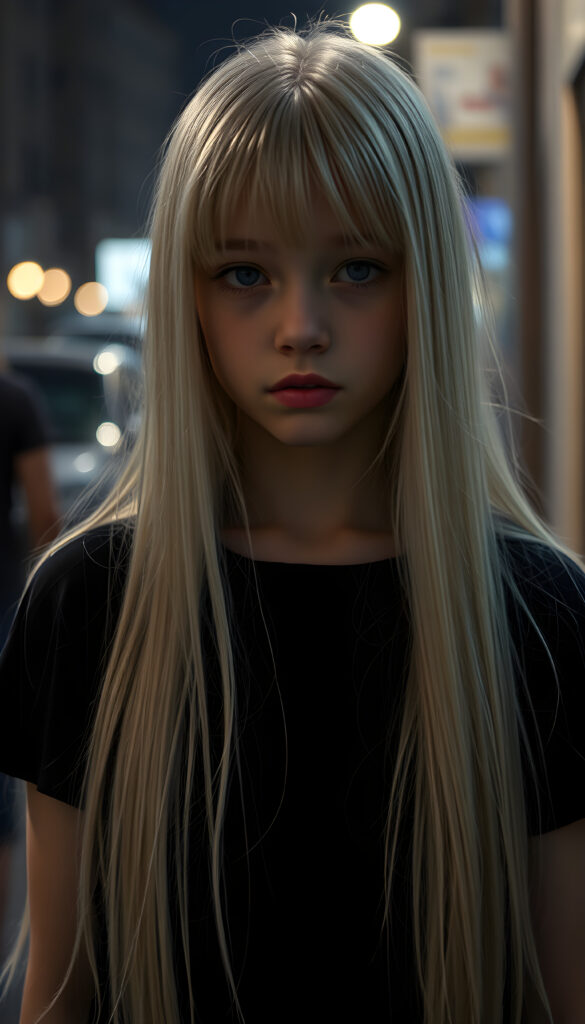 a young innocent Emo girl, very long straight platinum white soft hair falls over her body, bangs cut frame her face, same length, plain black dressed, night, alone in the street