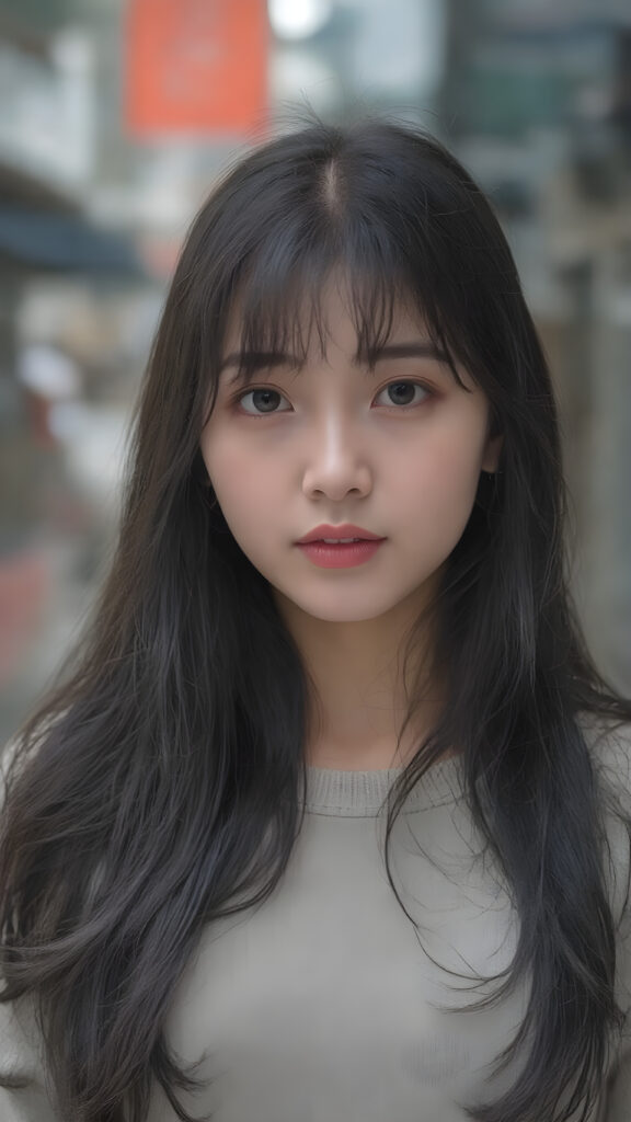 a young korean girl from Soeul, long black hair, perfect skin, beautiful detailed photo, she is standing on a street