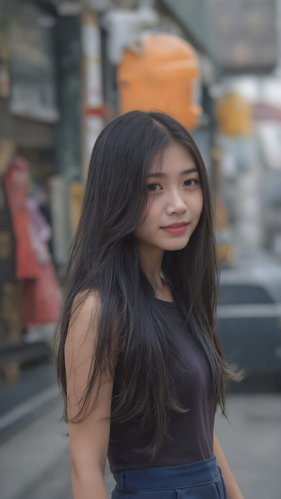a young korean girl from Soeul, long black hair, perfect skin, beautiful detailed photo, she is standing on a street