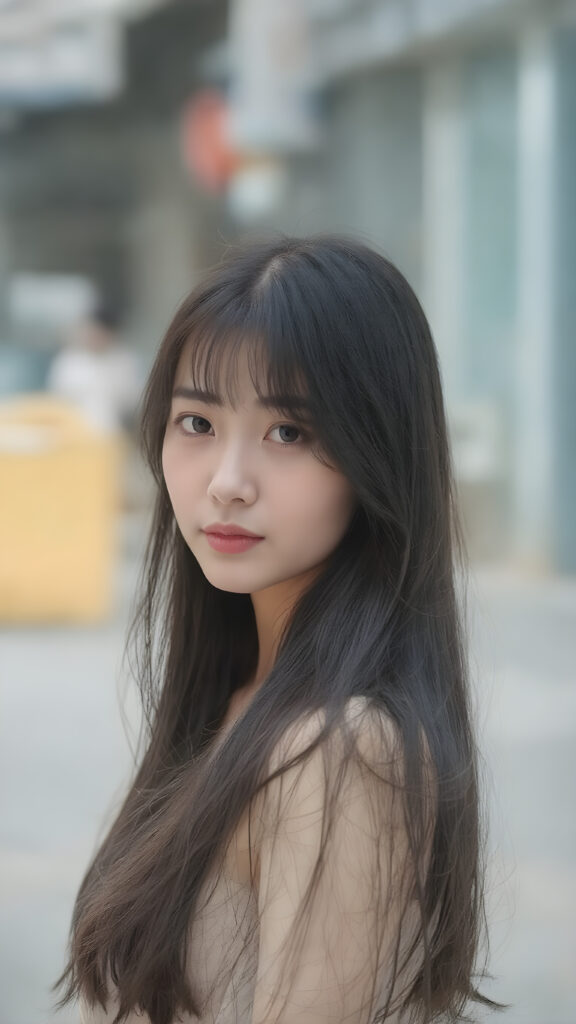 a young korean girl from Soeul, long black hair, perfect skin, beautiful detailed photo, she is standing on a street