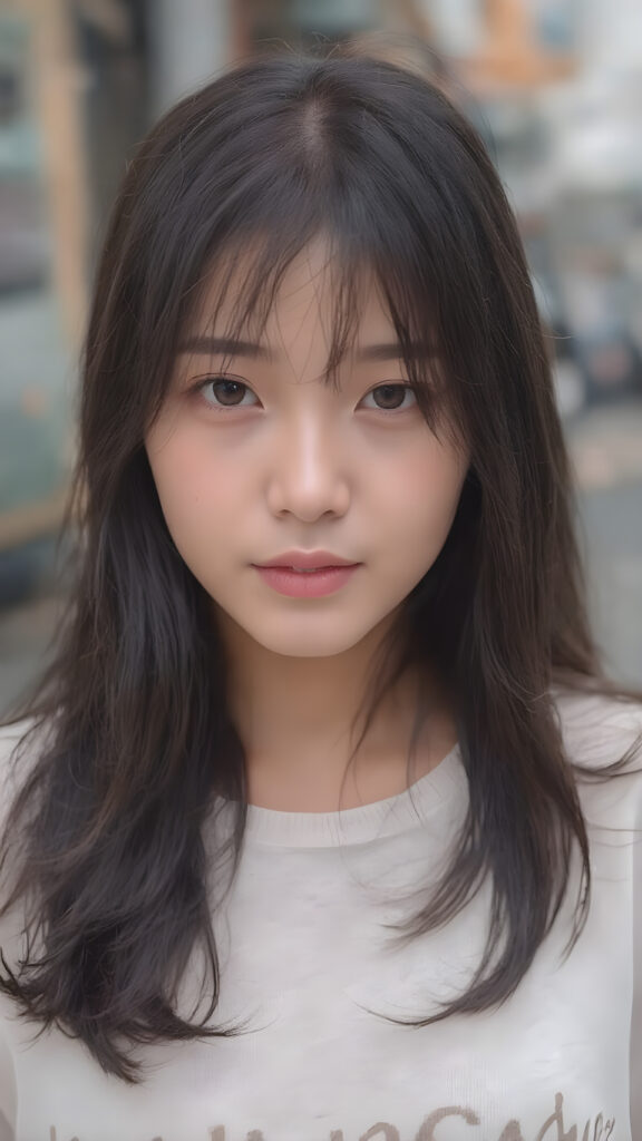 a young korean girl from Soeul, long black hair, perfect skin, beautiful detailed photo, she is standing on a street