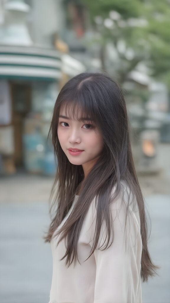 a young korean girl from Soeul, long black hair, perfect skin, beautiful detailed photo, she is standing on a street