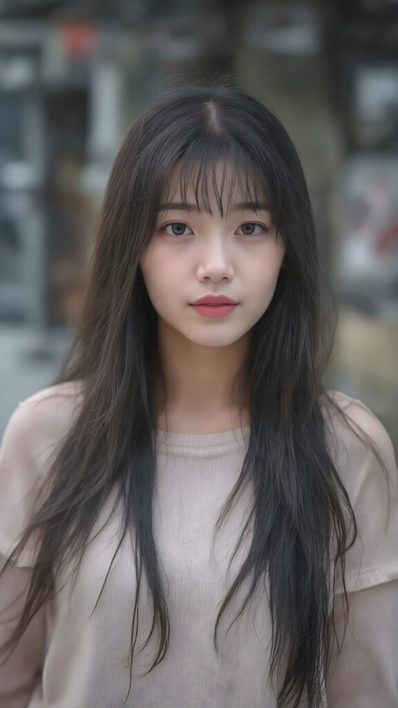 a young korean girl from Soeul, long black hair, perfect skin, beautiful detailed photo, she is standing on a street