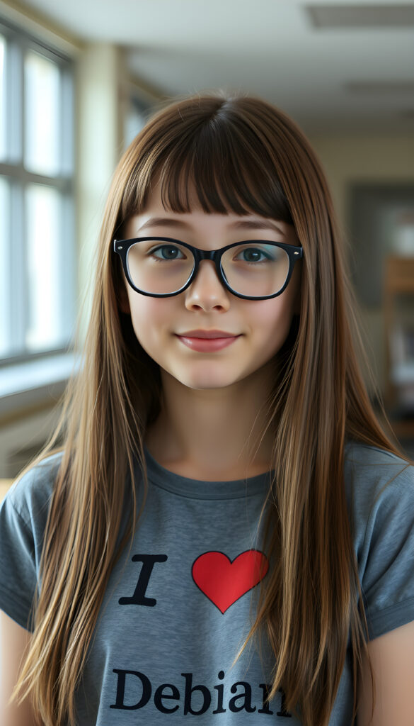 a young nerd girl, long straight open brown soft hair with white highlights, bangs, her hair has the same length right and left, (she wears a grey thin t-shirt with the inscription ("I love Debian")))), detailed, all against a backdrop in school
