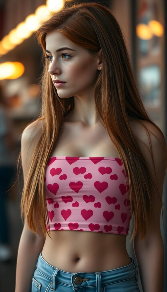a young orange haired teen well busty girl, long straight and slightly wavy hair falls down and cover her chest, cropped pink tube top deep v-neck with many red heart pattern, belly button, wears short blue jeans pants. View from side.