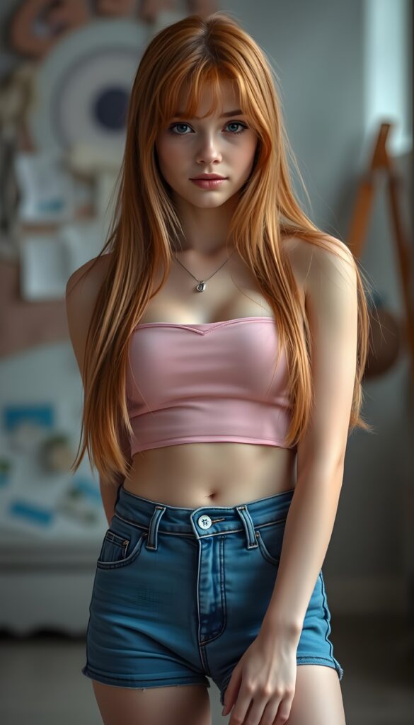 a young orange haired teen well busty girl, long straight and slightly wavy hair falls down and cover her chest, cropped pink tube top deep v-neck, belly button, wears short blue denim jeans pants, flawless legs