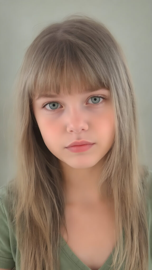 a young perfect girl, dressed in green light t-shirt deep v-neck, with ((long straight soft perfect hair, bangs)), flawless, gentle perfect round face, green perfect eyes, perfect full lips