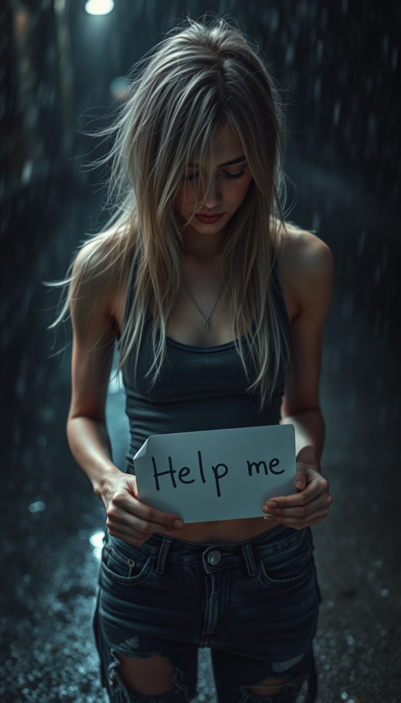 a (((young petite sad teenage girl))), (((long, straight messy platinum blond hair, her hair falls across her face))), dressed in a sleek ((grey thin cropped tank top)) and ((tattered short denim jeans pants)), offset by a (alone in a heavy rain in the night), full body image. View from the front and from above. She looks down, closed eyes. Sad and dark atmosphere. She has a broken heart. She is holding a sign in her hands that reads: “Help me” and wears a silver necklace with a cross. View from slightly above.