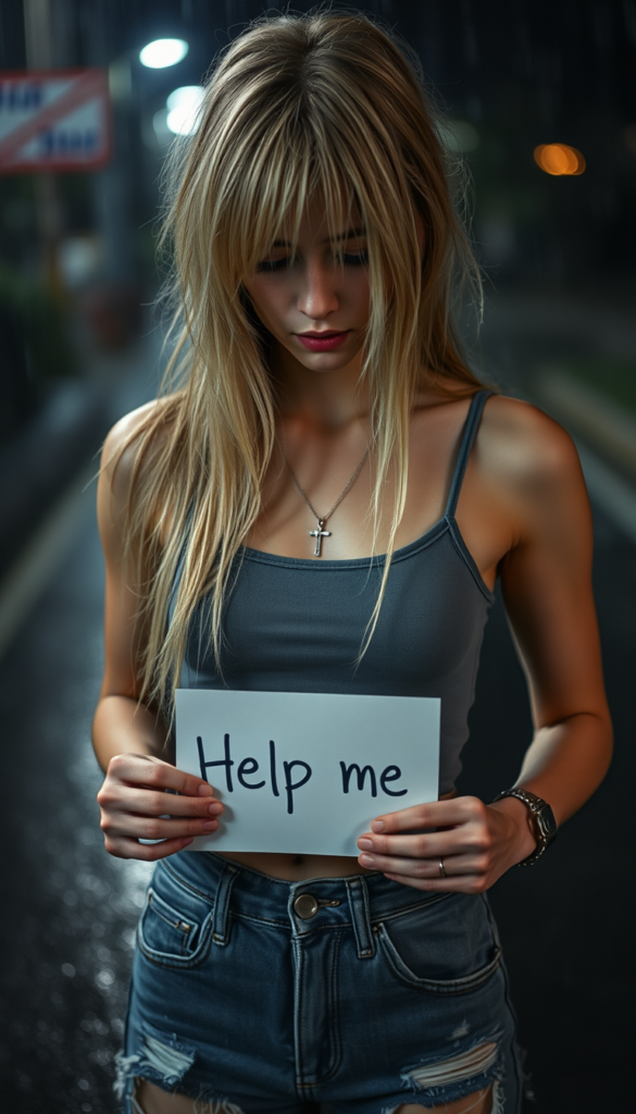 a (((young petite sad teenage girl))), (((long, straight messy platinum blond hair, her hair falls across her face))), dressed in a sleek ((grey thin cropped tank top)) and ((tattered short denim jeans pants)), offset by a (alone in a heavy rain in the night), full body image. View from the front and from above. She looks down, closed eyes. Sad and dark atmosphere. She has a broken heart. She is holding a sign in her hands that reads: “Help me” and wears a silver necklace with a cross. View from slightly above.