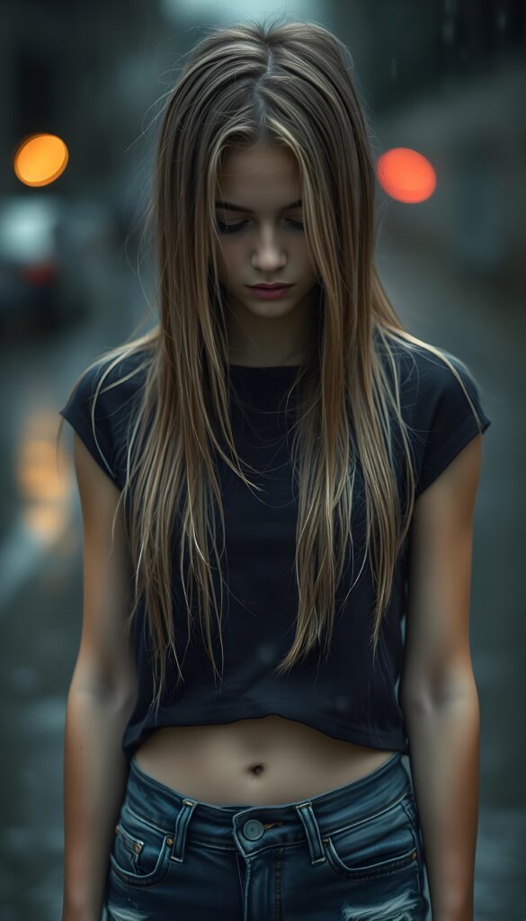 a (((young petite teenage girl))), (((long, straight light blond wet hair, her hair falls across her face))), dressed in a sleek ((black wet thin t-shirt)) and ((tattered denim jeans pants)), offset by a (alone in heavy rain), full body image. View from the front. She looks down, closed eyes. Sad and dark atmosphere. Broken heart.