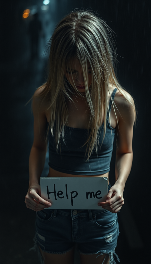a (((young petite sad teenage girl))), (((long, straight messy platinum blond hair, her hair falls across her face))), dressed in a sleek ((grey thin cropped tank top)) and ((tattered short denim jeans pants)), offset by a (alone in a heavy rain in the night), full body image. View from the front and from above. She looks down, closed eyes. Sad and dark atmosphere. She has a broken heart. She is holding a sign in her hands that reads: “Help me” and wears a silver necklace with a cross. View from slightly above.