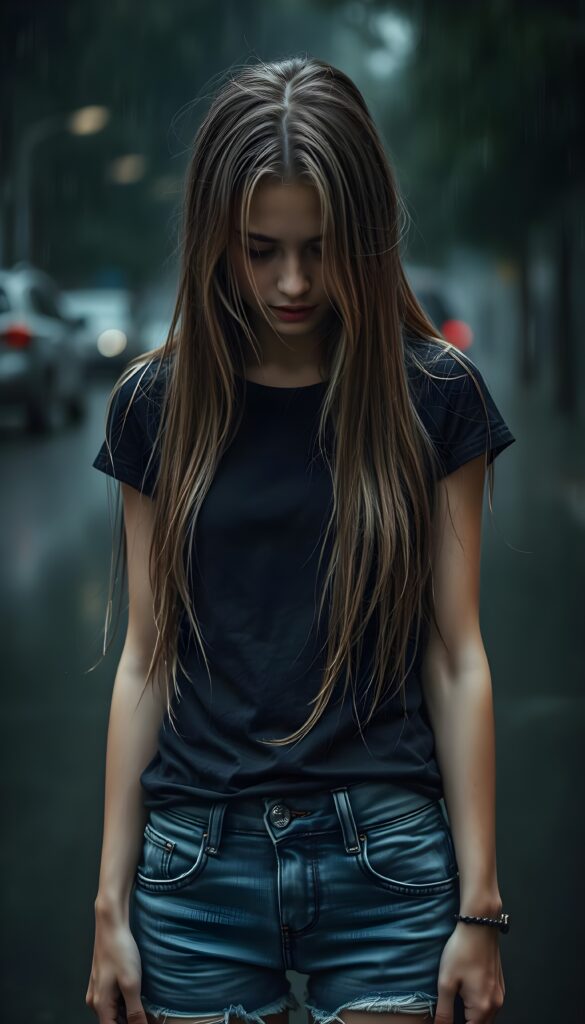 a (((young petite teenage girl))), (((long, straight light blond wet hair, her hair falls across her face))), dressed in a sleek ((black wet thin t-shirt)) and ((tattered denim jeans pants)), offset by a (alone in heavy rain), full body image. View from the front. She looks down, closed eyes. Sad and dark atmosphere. Broken heart.