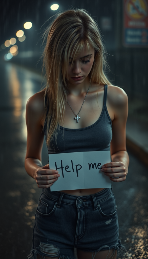 a (((young petite sad teenage girl))), (((long, straight messy platinum blond hair, her hair falls across her face))), dressed in a sleek ((grey thin cropped tank top)) and ((tattered short denim jeans pants)), offset by a (alone in a heavy rain in the night), full body image. View from the front and from above. She looks down, closed eyes. Sad and dark atmosphere. She has a broken heart. She is holding a sign in her hands that reads: “Help me” and wears a silver necklace with a cross. View from slightly above.