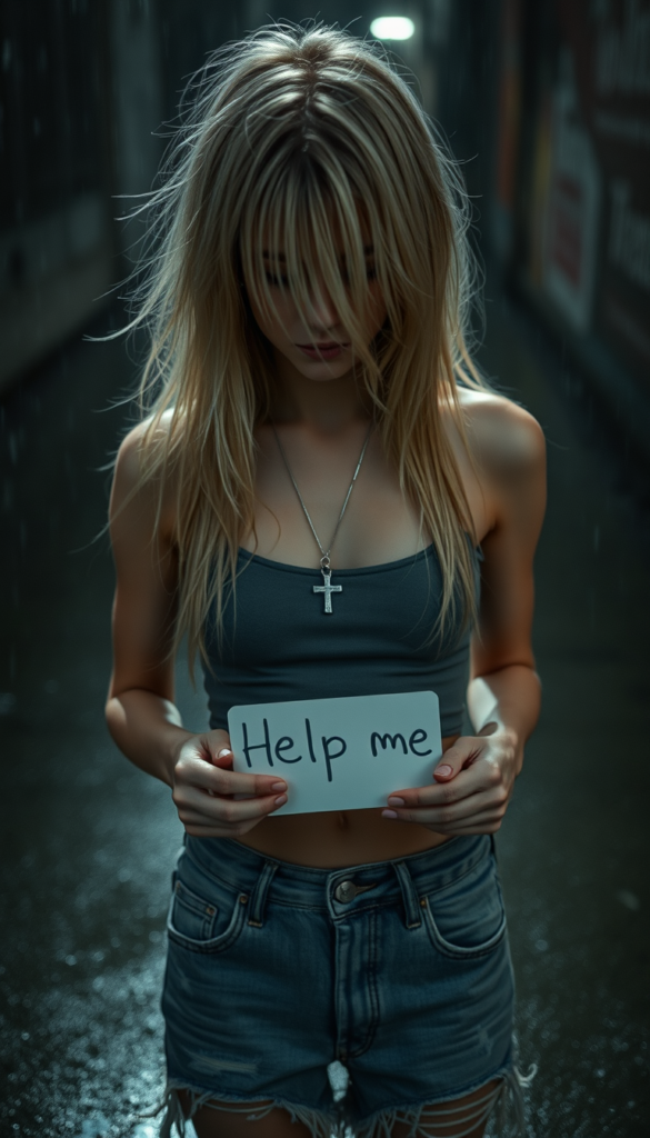 a (((young petite sad teenage girl))), (((long, straight messy platinum blond hair, her hair falls across her face))), dressed in a sleek ((grey thin cropped tank top)) and ((tattered short denim jeans pants)), offset by a (alone in a heavy rain in the night), full body image. View from the front and from above. She looks down, closed eyes. Sad and dark atmosphere. She has a broken heart. She is holding a sign in her hands that reads: “Help me” and wears a silver necklace with a cross. View from slightly above.