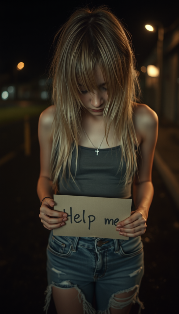 a (((young petite sad teenage girl))), (((long, straight messy platinum blond hair, her hair falls across her face))), dressed in a sleek ((grey thin cropped tank top)) and ((tattered short denim jeans pants)), offset by a (alone in a heavy rain in the night), full body image. View from the front and from above. She looks down, closed eyes. Sad and dark atmosphere. She has a broken heart. She is holding a sign in her hands that reads: “Help me” and wears a silver necklace with a cross. View from slightly above.