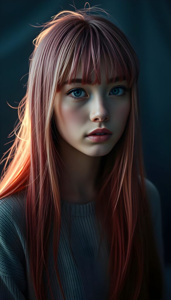 a young petite teen girl, she has (((long straight neon pink and red hair, bangs cut))), and (realistic dark blue eyes), ((angelic round face)), perfect shadows, ((wearing a thin light grey fine sweater)), she looks seductively at the viewer, weak light falls into the picture and creates a contrasting silhouette, upper body, flawless skin, dark blue mystic background, ((ultra realistic photo)) ((stunning)) ((gorgeous)) ((4k))