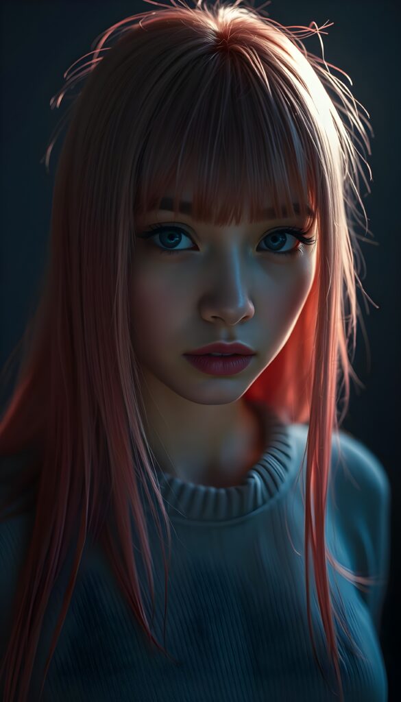 a young petite teen girl, she has (((long straight neon pink and red hair, bangs cut))), and (realistic dark blue eyes), ((angelic round face)), perfect shadows, ((wearing a thin light grey fine sweater)), she looks seductively at the viewer, weak light falls into the picture and creates a contrasting silhouette, upper body, flawless skin, dark blue mystic background, ((ultra realistic photo)) ((stunning)) ((gorgeous)) ((4k))
