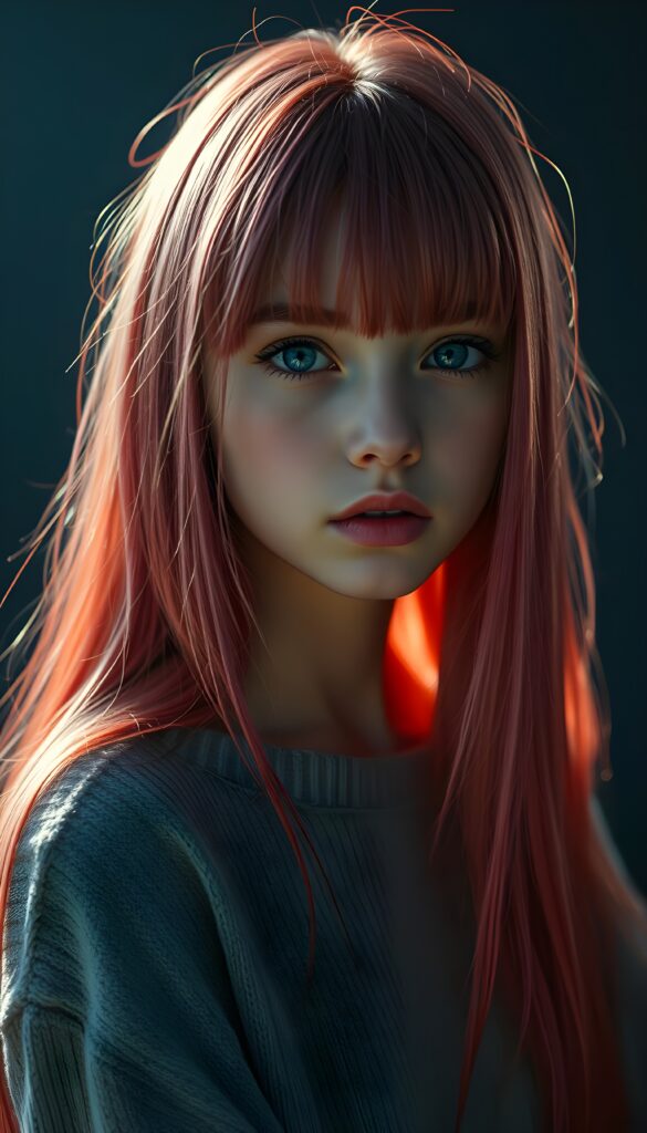 a young petite teen girl, she has (((long straight neon pink and red hair, bangs cut))), and (realistic dark blue eyes), ((angelic round face)), perfect shadows, ((wearing a thin light grey fine sweater)), she looks seductively at the viewer, weak light falls into the picture and creates a contrasting silhouette, upper body, flawless skin, dark blue mystic background, ((ultra realistic photo)) ((stunning)) ((gorgeous)) ((4k))