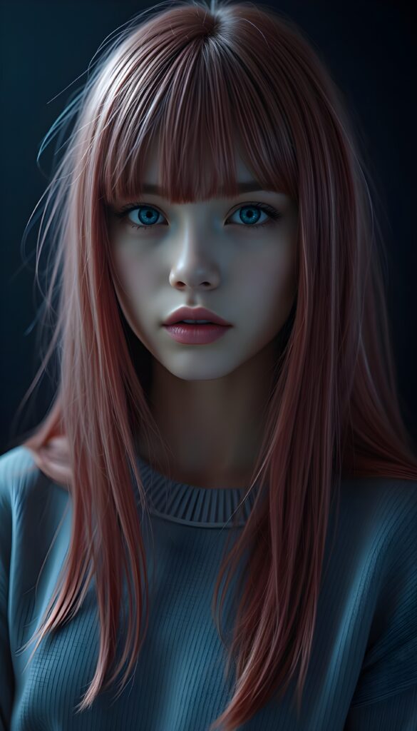 a young petite teen girl, she has (((long straight neon pink and red hair, bangs cut))), and (realistic dark blue eyes), ((angelic round face)), perfect shadows, ((wearing a thin light grey fine sweater)), she looks seductively at the viewer, weak light falls into the picture and creates a contrasting silhouette, upper body, flawless skin, dark blue mystic background, ((ultra realistic photo)) ((stunning)) ((gorgeous)) ((4k))