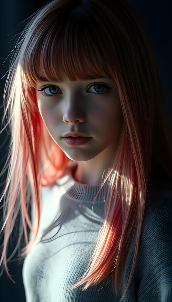 a young petite teen girl, she has (((long straight neon pink and red hair, bangs cut))), and (realistic dark blue eyes), ((angelic round face)), perfect shadows, ((wearing a thin light grey fine sweater)), she looks seductively at the viewer, weak light falls into the picture and creates a contrasting silhouette, upper body, flawless skin, dark blue mystic background, ((ultra realistic photo)) ((stunning)) ((gorgeous)) ((4k))